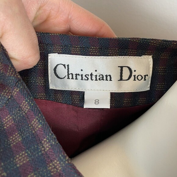 vintage Christian Dior Jacket blazer burgundy gingham pattern 8 shoulder pads - Picture 8 of 12
